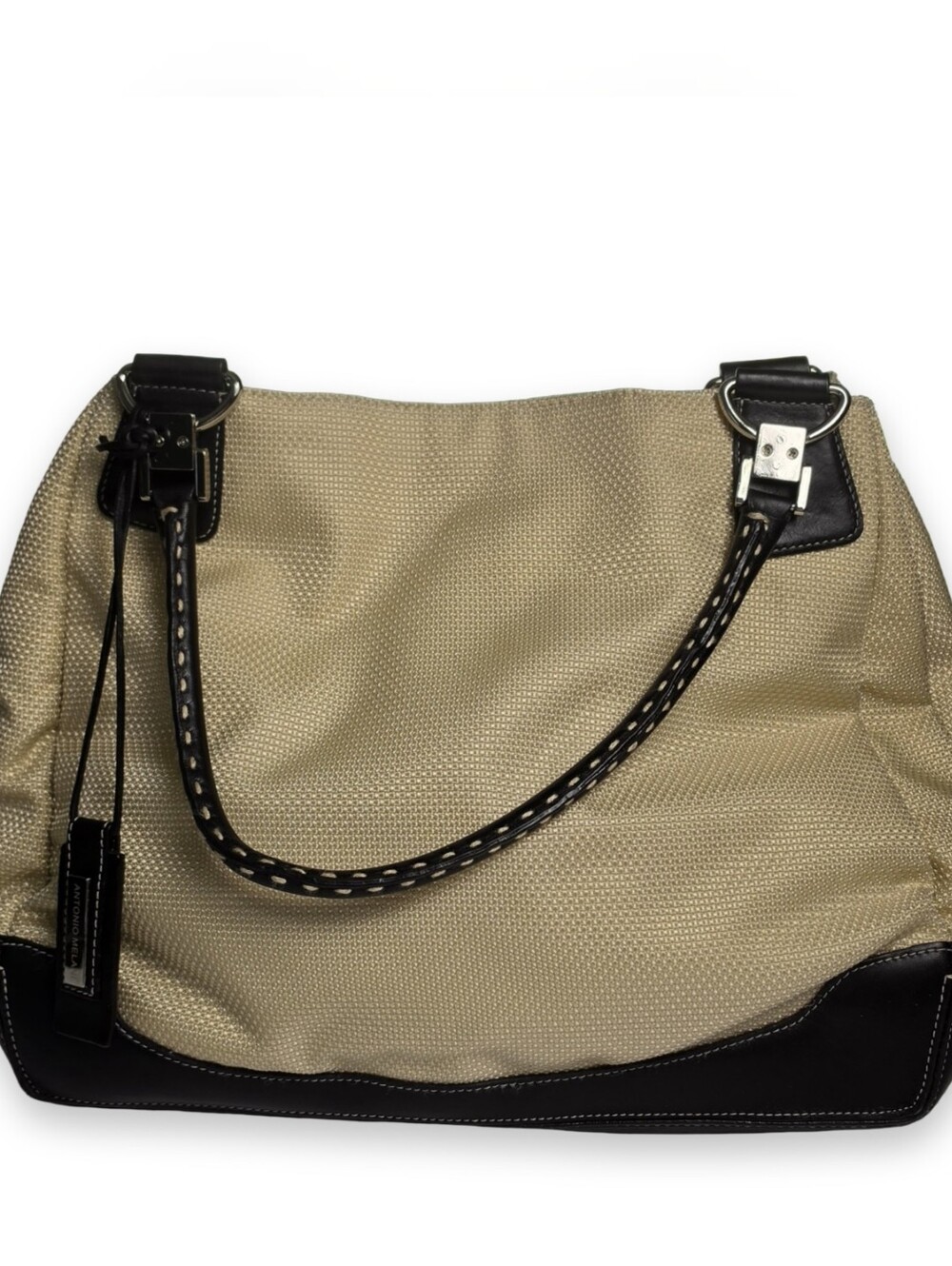 Antonio Melani Woven Canvas Tote Shoulder Bag Black Leather Trim Beige Large